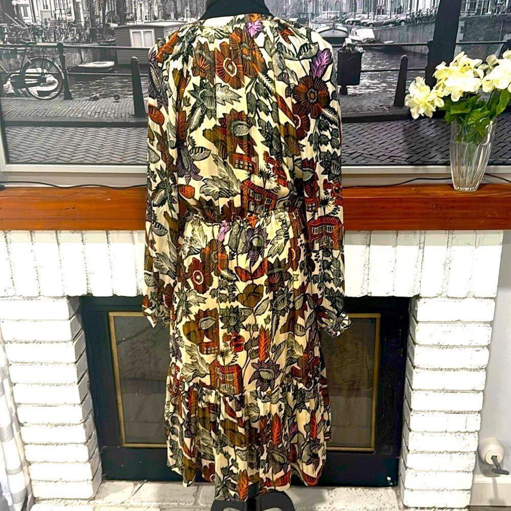 Scotch & Soda Dress Floral Front Tie Bow Midi Small Black Orange Ivory Boho - Picture 2 of 11